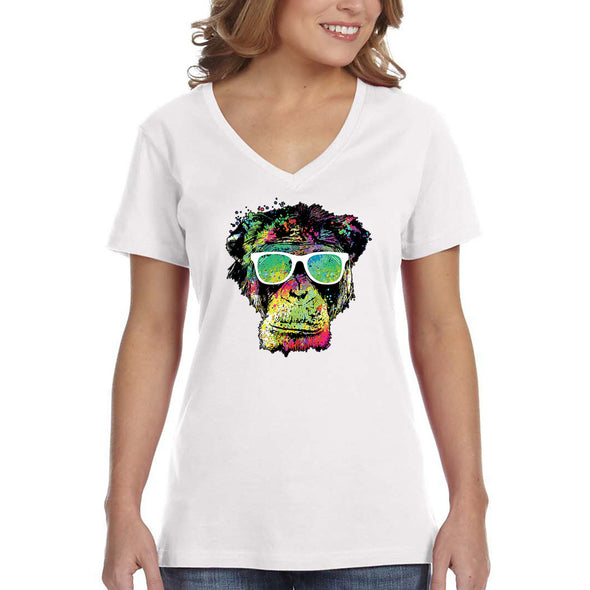 XtraFly Apparel Women&#39;s Neon Monkey Glasses Ape Chimp Chimpanzee Gorilla Primate Tie Dye Wild Animal Jungle Zoo African Lemur V-neck T-shirt