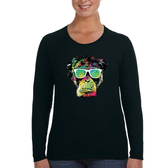 XtraFly Apparel Women&#39;s Neon Monkey Glasses Ape Chimp Chimpanzee Gorilla Primate Tie Dye Wild Animal Jungle Zoo African Long Sleeve T-Shirt