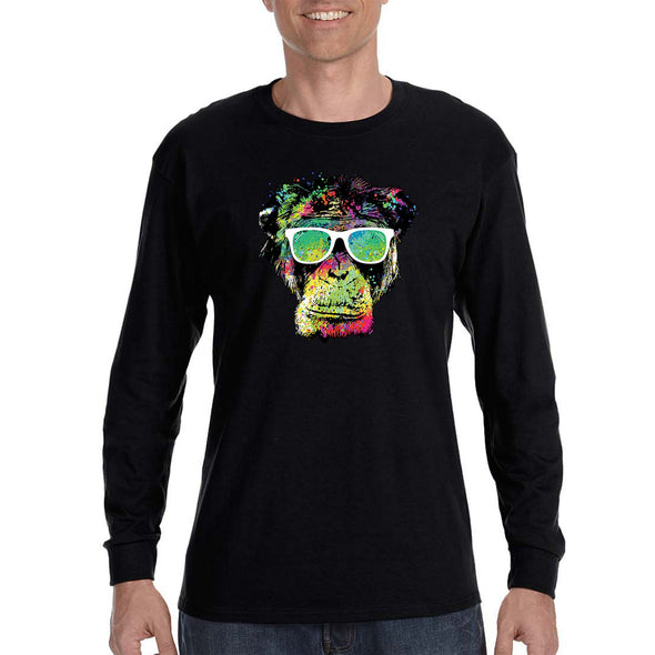 XtraFly Apparel Men&#39;s Neon Monkey Glasses Ape Chimp Chimpanzee Gorilla Primate Tie Dye Wild Animal Jungle Zoo African Long Sleeve T-Shirt