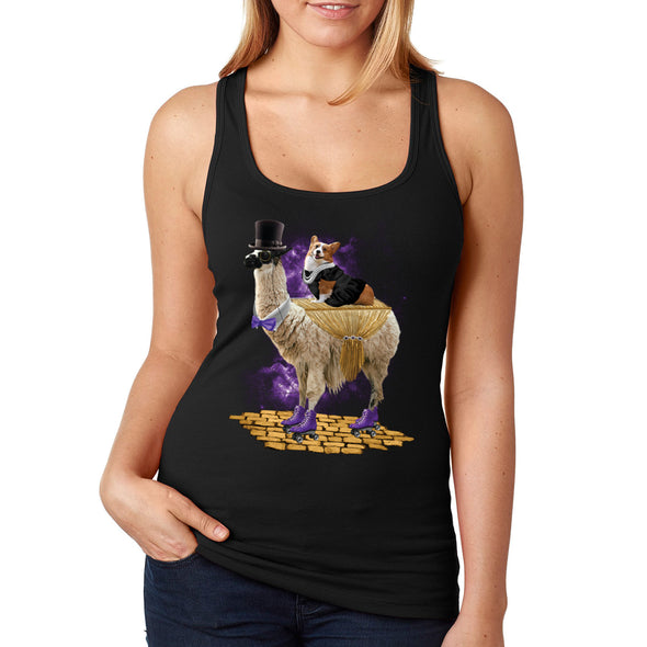 XtraFly Apparel Women&#39;s Corgi Express Llama Alpaca Dog Pet Puppy Space Galaxy Alien Rollerblades Wild Animal Zoo UFO Alien Moon Racerback