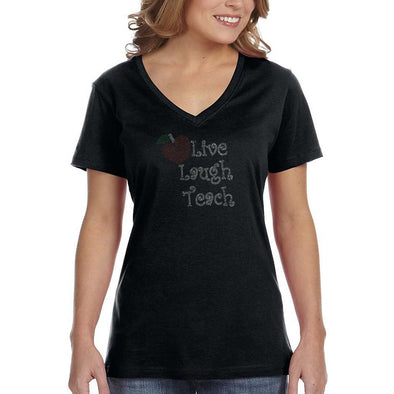 XtraFly Apparel Women&#39;s Live Laugh Teach Sequin Rhinestone Teacher Online Teaching Virtual Learning Essential Worker School V-neck T-shirt