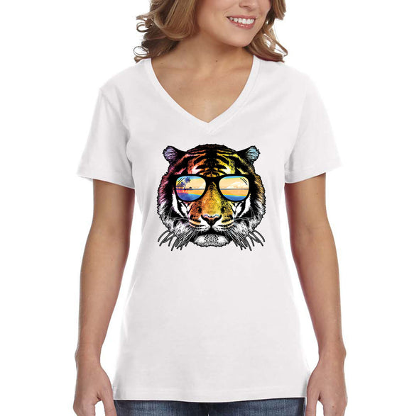 XtraFly Apparel Women&#39;s Summer Tiger Vacation Tropical Beach Wild Animal Jungle Wildlife Zoo Safari Africa African Lion V-neck T-shirt