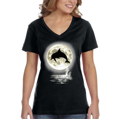 XtraFly Apparel Women&#39;s Dolphin Moon Silhouette Pod Ocean Waves Beach Surf Surfing Fish Fishing Sailing Boating Shark Swim V-neck T-shirt