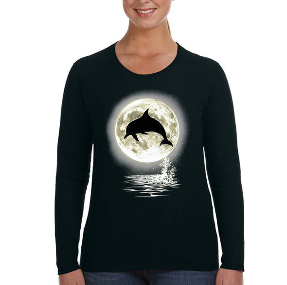 XtraFly Apparel Women&#39;s Dolphin Moon Silhouette Pod Ocean Waves Beach Surf Surfing Fish Fishing Sailing Shark Swim Sea Long Sleeve T-Shirt