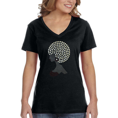 XtraFly Apparel Women&#39;s Afro Lady Red Sequin Rhinestone Fashionista Sexy African Africa Rasta Rastafari Cornrows Jamaican DJ V-neck T-shirt