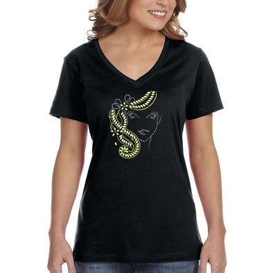 XtraFly Apparel Women&#39;s Neon Lady Sequin Rhinestone Blonde Hair Flowers Sexy Fashionista Fashion Sassy Girl Feminine Party DJ V-neck T-shirt