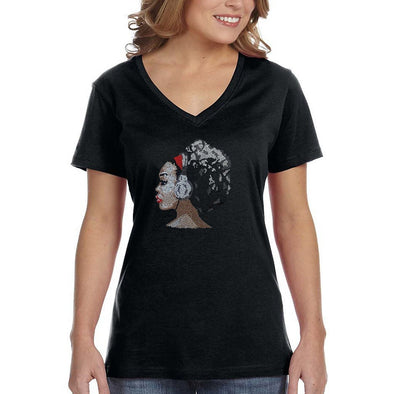 XtraFly Apparel Women&#39;s Afro Lady Headphones Sequin Rhinestone Fashionista Sexy African Rasta Rastafari Cornrows Jamaican DJ V-neck T-shirt