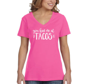 XtraFly Apparel Women&#39;s You Had Me At Tacos Mexico Mexican Heritage Cinco De Mayo Hispanic Spanish Fiesta Latino Margarita V-neck T-shirt