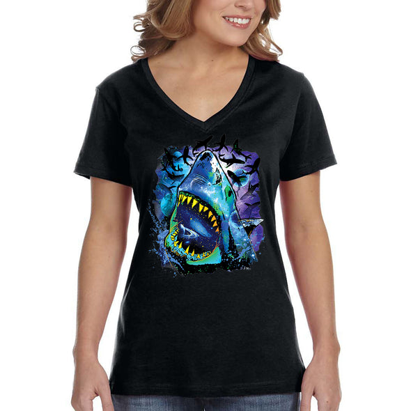 XtraFly Apparel Women&#39;s Cosmic Shark Great White Cosmo Space Galaxy Moon Earth Mars Alien UFO Fish Fishing Swim Diving Ocean V-neck T-shirt