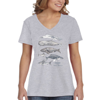 XtraFly Apparel Women&#39;s Creatures of North Atlantic Humpback Whale Blue Orca Sperm Fin Beluga Nantucket Diving Boating Fish V-neck T-shirt