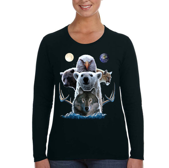 XtraFly Apparel Women&#39;s Animal Totem Wild Wolf Pack Polar Bear Brown Mountain Lion Eagle Hawk Moose Moon Earth Forest Long Sleeve T-Shirt