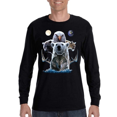 XtraFly Apparel Men&#39;s Animal Totem Wild Wolf Pack Polar Bear Brown Mountain Lion Eagle Hawk Moose Deer Moon Earth Forest Long Sleeve T-Shirt
