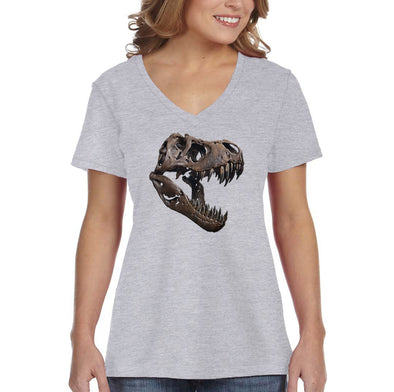 XtraFly Apparel Women&#39;s T-Rex Skull Dinosaur Fossil Skeleton Artifact Ancient Prehistoric Animal Tyrannosaurus Triceratops V-neck T-shirt
