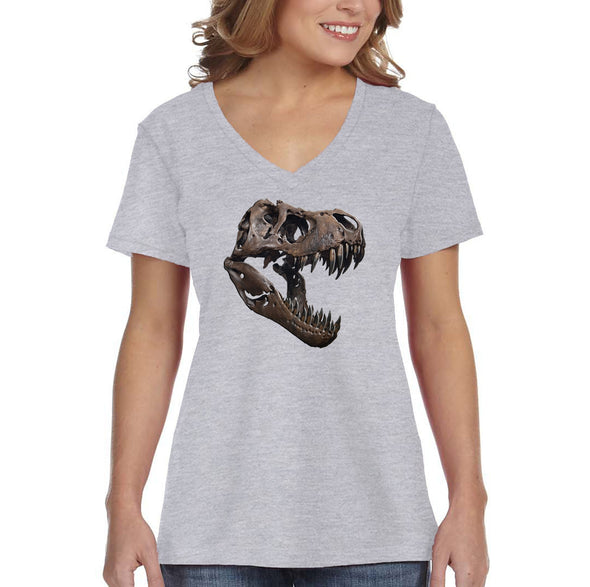 XtraFly Apparel Women&#39;s T-Rex Skull Dinosaur Fossil Skeleton Artifact Ancient Prehistoric Animal Tyrannosaurus Triceratops V-neck T-shirt