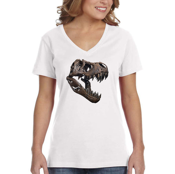XtraFly Apparel Women&#39;s T-Rex Skull Dinosaur Fossil Skeleton Artifact Ancient Prehistoric Animal Tyrannosaurus Triceratops V-neck T-shirt