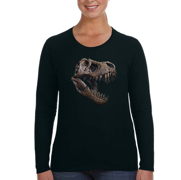 XtraFly Apparel Women&#39;s T-Rex Skull Dinosaur Fossil Skeleton Artifact Ancient Prehistoric Wild Tyrannosaurus Triceratops Long Sleeve T-Shirt