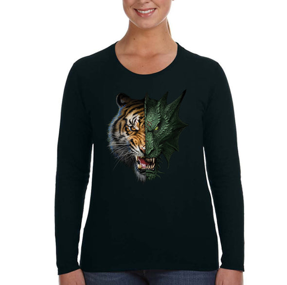 XtraFly Apparel Women&#39;s Half Dragon Tiger Wild Animal Wildlife Safari Africa African Zoo Mythical Reptile Lion Long Sleeve T-Shirt