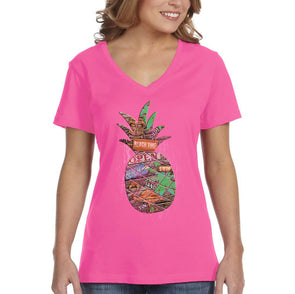 XtraFly Apparel Women&#39;s Beach Pineapple Tropical Vacation Tiki Flamingo Palm Tree Hawaii Hawaiian Summer Surf Surfing Ocean V-neck T-shirt