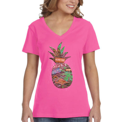 XtraFly Apparel Women&#39;s Beach Pineapple Tropical Vacation Tiki Flamingo Palm Tree Hawaii Hawaiian Summer Surf Surfing Ocean V-neck T-shirt