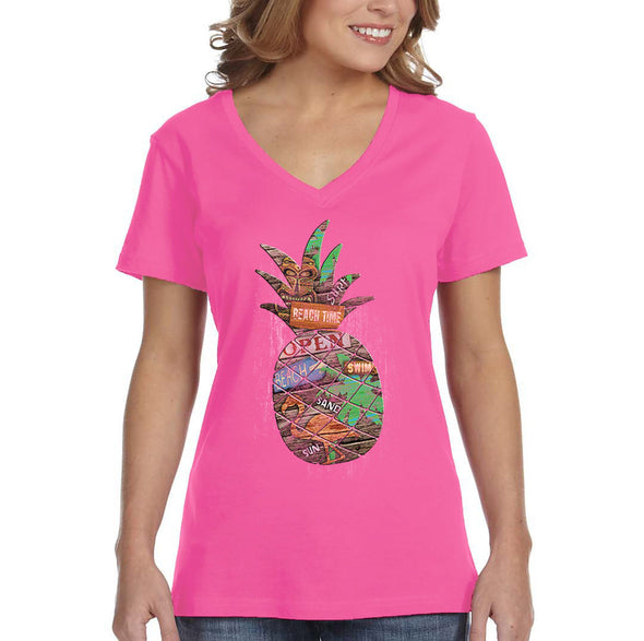 XtraFly Apparel Women&#39;s Beach Pineapple Tropical Vacation Tiki Flamingo Palm Tree Hawaii Hawaiian Summer Surf Surfing Ocean V-neck T-shirt