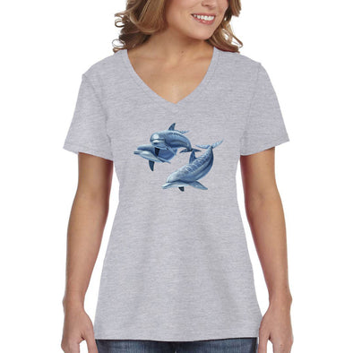 XtraFly Apparel Women&#39;s Dolphin Trio Pod Fish Fishing Ocean Diving Boating Surfing Sailing Great White Shark Swimming Beach V-neck T-shirt