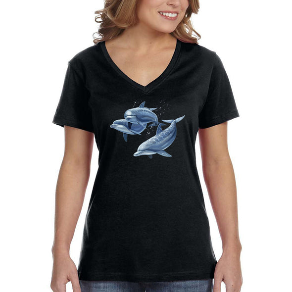 XtraFly Apparel Women&#39;s Dolphin Trio Pod Fish Fishing Ocean Diving Boating Surfing Sailing Great White Shark Swimming Beach V-neck T-shirt