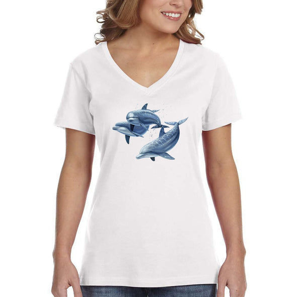 XtraFly Apparel Women&#39;s Dolphin Trio Pod Fish Fishing Ocean Diving Boating Surfing Sailing Great White Shark Swimming Beach V-neck T-shirt