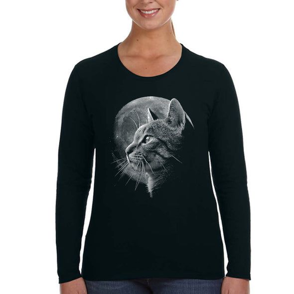 XtraFly Apparel Women&#39;s Cat Moon Pet Tabby Kitty Kitten Siamese Animal Lover Space Galaxy Earth Mars UFO Alien Astronaut Long Sleeve T-Shirt
