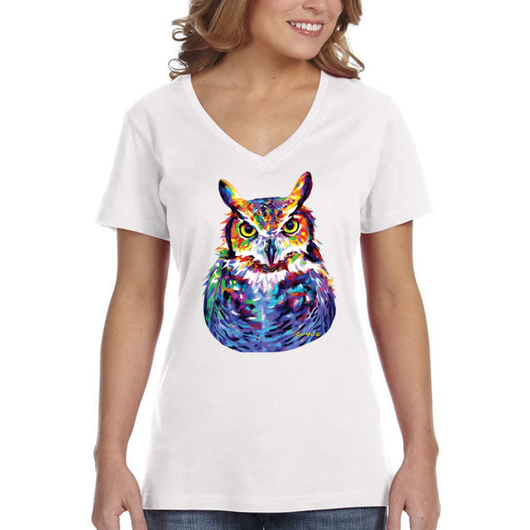 XtraFly Apparel Women&#39;s Great Horned Owl Wild Animal Lover Zoo Wildlife Barn Snowy Night Bird Hawk Eagle Forest Nocturnal V-neck T-shirt