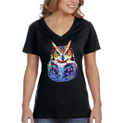 XtraFly Apparel Women&#39;s Great Horned Owl Wild Animal Lover Zoo Wildlife Barn Snowy Night Bird Hawk Eagle Forest Nocturnal V-neck T-shirt