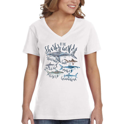 XtraFly Apparel Women&#39;s Sharks Of The World Great White Black Tip Bull Mako Tiger Hammerhead Fish Fishing Diving Beach Ocean V-neck T-shirt