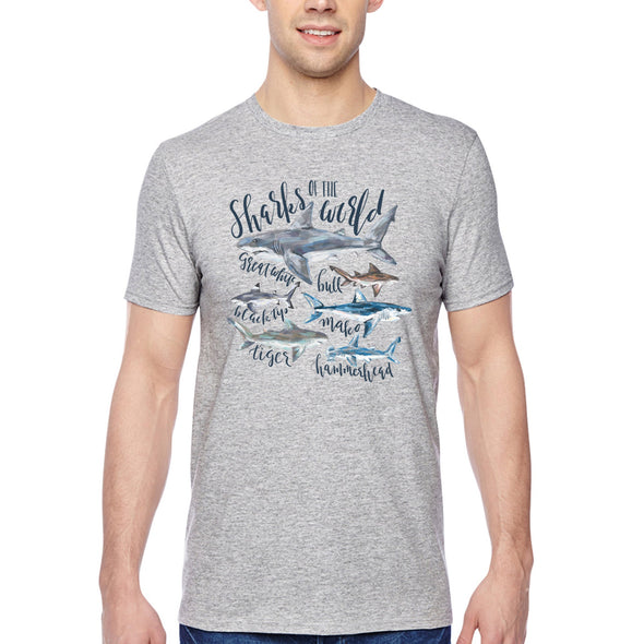 XtraFly Apparel Men&#39;s Tee Sharks Of The World Great White Black Tip Bull Mako Tiger Hammerhead Fish Fishing Beach Ocean Sea Crewneck T-shirt