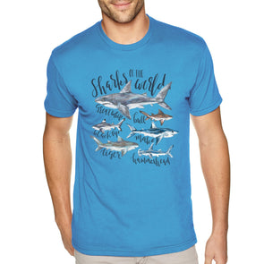 XtraFly Apparel Men&#39;s Tee Sharks Of The World Great White Black Tip Bull Mako Tiger Hammerhead Fish Fishing Beach Ocean Sea Crewneck T-shirt