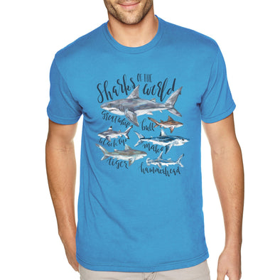 XtraFly Apparel Men&#39;s Tee Sharks Of The World Great White Black Tip Bull Mako Tiger Hammerhead Fish Fishing Beach Ocean Sea Crewneck T-shirt