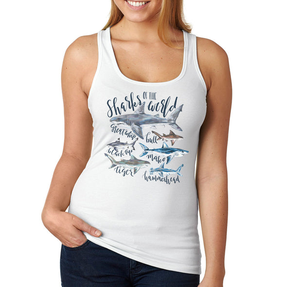 XtraFly Apparel Women&#39;s Sharks Of The World Great White Black Tip Bull Mako Tiger Hammerhead Fish Fishing Diving Beach Ocean Sea Racerback