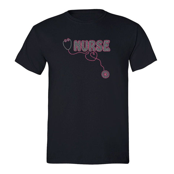 XtraFly Apparel Men&#39;s Tee Nurse Pink Sequin Rhinestone RN Nursing Health Care Doctor Hospital Essential Worker Medical Crewneck T-shirt