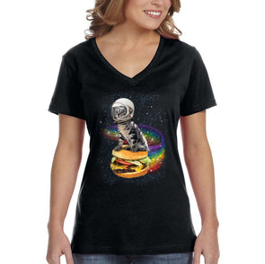XtraFly Apparel Women&#39;s Rainbow Burger Cat Space Galaxy Pet Astronaut Animal Cheeseburger Alien UFO Mars Moon Rocket Ship V-neck T-shirt