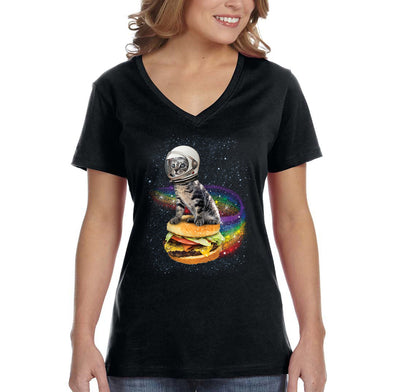 XtraFly Apparel Women&#39;s Rainbow Burger Cat Space Galaxy Pet Astronaut Animal Cheeseburger Alien UFO Mars Moon Rocket Ship V-neck T-shirt