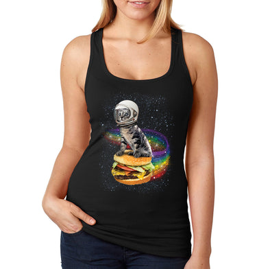 XtraFly Apparel Women&#39;s Rainbow Burger Cat Space Galaxy Pet Astronaut Animal Cheeseburger Alien UFO Mars Moon Rocket Ship Racerback