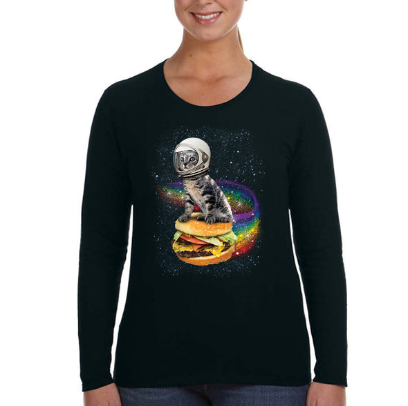 XtraFly Apparel Women&#39;s Rainbow Burger Cat Space Galaxy Pet Astronaut Animal Cheeseburger Alien UFO Mars Moon Rocket Long Sleeve T-Shirt