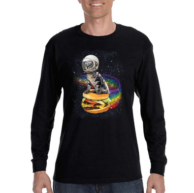 XtraFly Apparel Men&#39;s Rainbow Burger Cat Space Galaxy Pet Astronaut Animal Cheeseburger Alien UFO Mars Moon Rocket Ship Long Sleeve T-Shirt