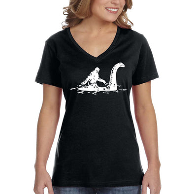 XtraFly Apparel Women&#39;s Loch Ness Monster Bigfoot Sasquatch Yeti Mythical Creature Legend Legendary Nessie Dinosaur Lockness V-neck T-shirt