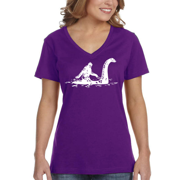 XtraFly Apparel Women&#39;s Loch Ness Monster Bigfoot Sasquatch Yeti Mythical Creature Legend Legendary Nessie Dinosaur Lockness V-neck T-shirt