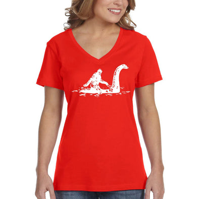 XtraFly Apparel Women&#39;s Loch Ness Monster Bigfoot Sasquatch Yeti Mythical Creature Legend Legendary Nessie Dinosaur Lockness V-neck T-shirt