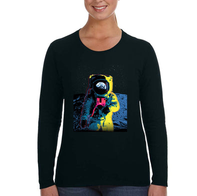 XtraFly Apparel Women&#39;s Colorful Astronaut Neon Space Galaxy Moon Spaceman Mars UFO Alien Rocket Ship Long Sleeve T-Shirt