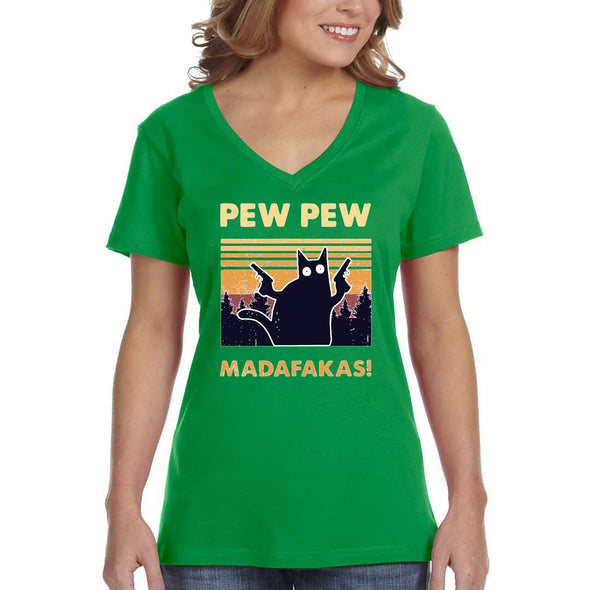 XtraFly Apparel Women&#39;s Pew Pew Madafakas Cat Gun Pistol Kitty Kitten Silhouette Sunset Pet Animal Lover Siamese Tabby V-neck T-shirt