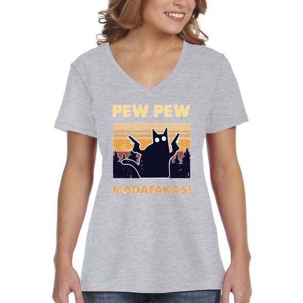 XtraFly Apparel Women&#39;s Pew Pew Madafakas Cat Gun Pistol Kitty Kitten Silhouette Sunset Pet Animal Lover Siamese Tabby V-neck T-shirt
