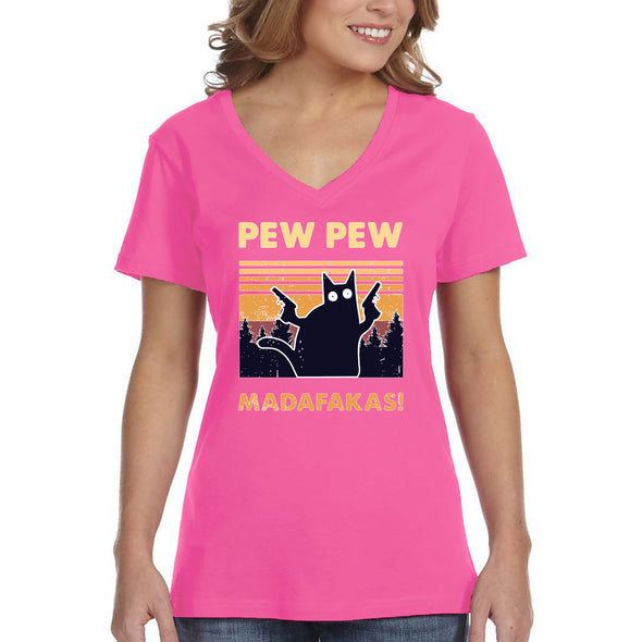 XtraFly Apparel Women&#39;s Pew Pew Madafakas Cat Gun Pistol Kitty Kitten Silhouette Sunset Pet Animal Lover Siamese Tabby V-neck T-shirt