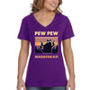 XtraFly Apparel Women&#39;s Pew Pew Madafakas Cat Gun Pistol Kitty Kitten Silhouette Sunset Pet Animal Lover Siamese Tabby V-neck T-shirt