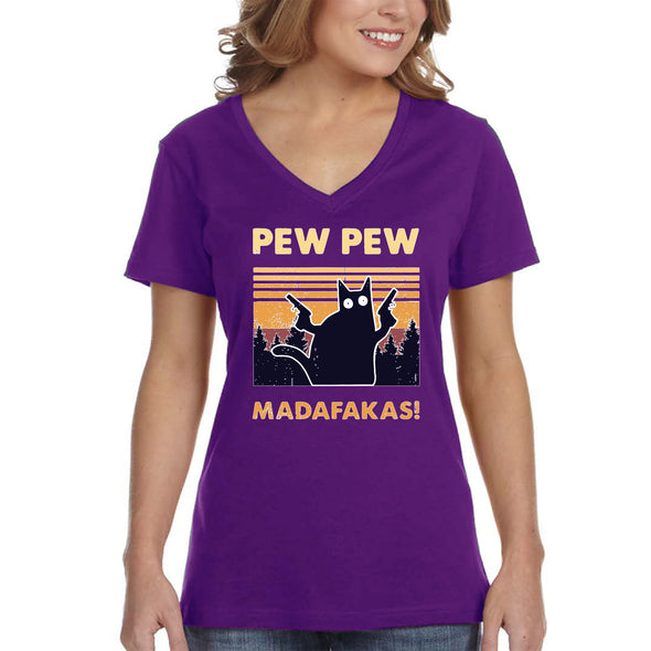 XtraFly Apparel Women&#39;s Pew Pew Madafakas Cat Gun Pistol Kitty Kitten Silhouette Sunset Pet Animal Lover Siamese Tabby V-neck T-shirt
